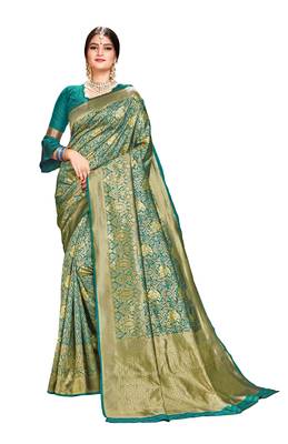 Green woven banarasi silk saree with blouse 1