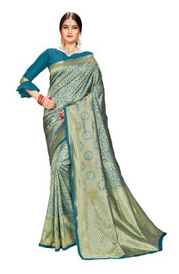 Turquoise woven banarasi silk saree with blouse 1