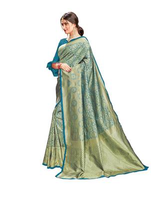 Turquoise woven banarasi silk saree with blouse 2