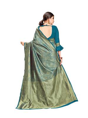 Turquoise woven banarasi silk saree with blouse 3