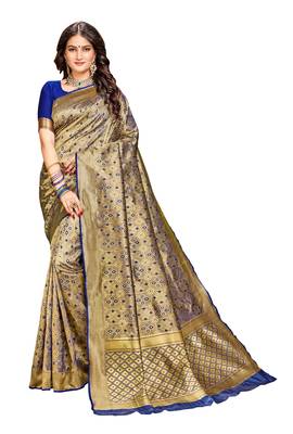 Navy blue woven banarasi silk saree with blouse 1