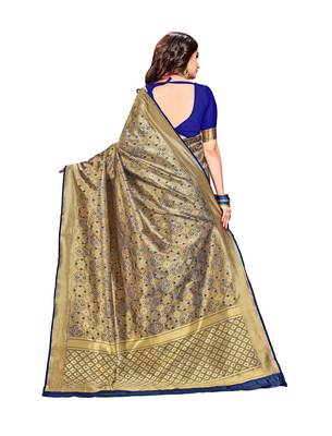 Navy blue woven banarasi silk saree with blouse 3