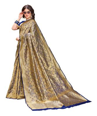 Navy blue woven banarasi silk saree with blouse 4