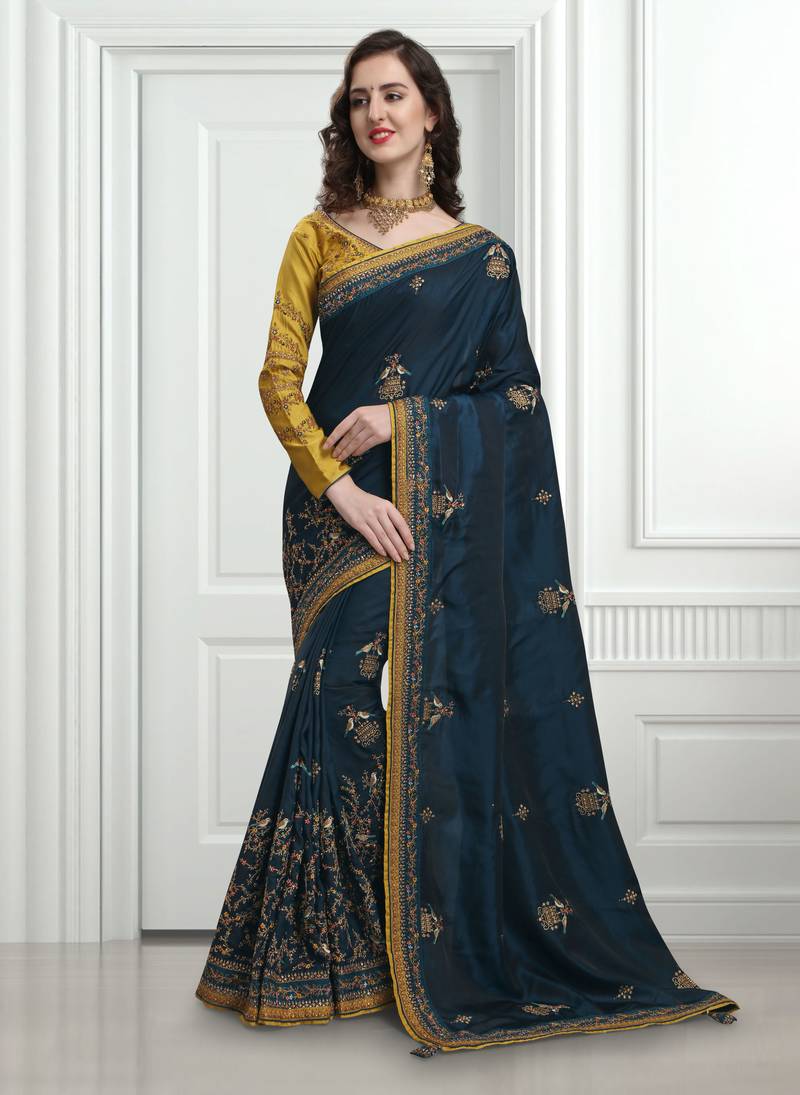 Women's Silk Blend Navy Blue Embellished Designer Saree With Blouse Piece
