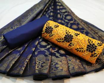  yellow embroidered cotton unstitched salwar with banarasi dupatta 1
