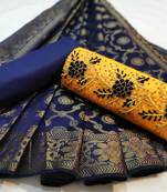  yellow embroidered cotton unstitched salwar with banarasi dupatta