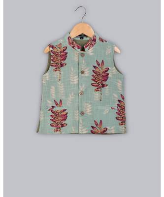 off white full sleeves kurta pajama with printed nehru jacket 2