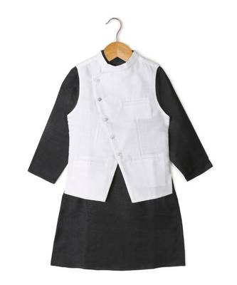 black full sleeves kurta pajama with contrast linen modi jacket 1