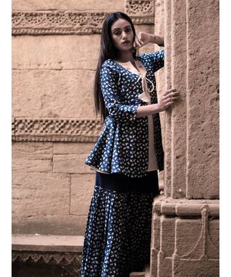 Indigo Hand Print Cottom and Khadi Sharara and Top set 1