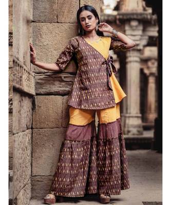 Wine Ikat Printed Cotton and Khadi Long Peplum Top and Sharara Set 1