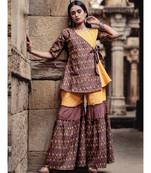 Wine Ikat Printed Cotton and Khadi Long Peplum Top and Sharara Set