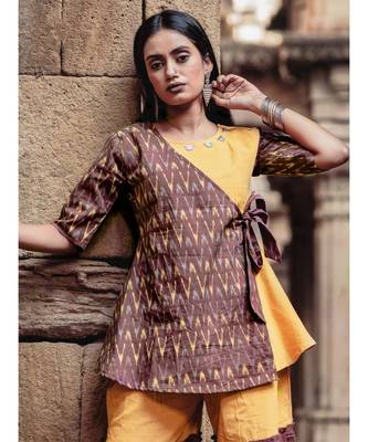 Wine Ikat Printed Cotton and Khadi Long Peplum Top and Sharara Set 2