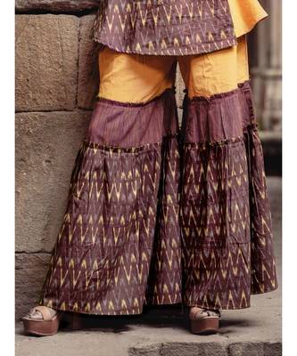 Wine Ikat Printed Cotton and Khadi Long Peplum Top and Sharara Set 3