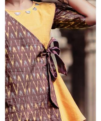 Wine Ikat Printed Cotton and Khadi Long Peplum Top and Sharara Set 4