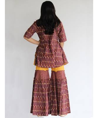 Wine Ikat Printed Cotton and Khadi Long Peplum Top and Sharara Set 5