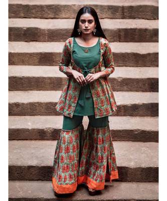 Green Hand Block Printed Cotton Long Top and Sharara Set 1