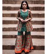 Green Hand Block Printed Cotton Long Top and Sharara Set
