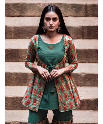 Green Hand Block Printed Cotton Long Top and Sharara Set 2