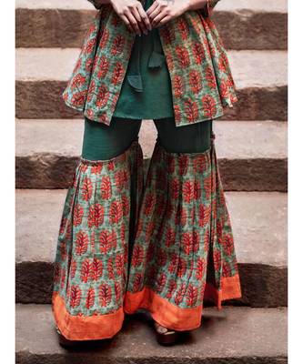 Green Hand Block Printed Cotton Long Top and Sharara Set 3