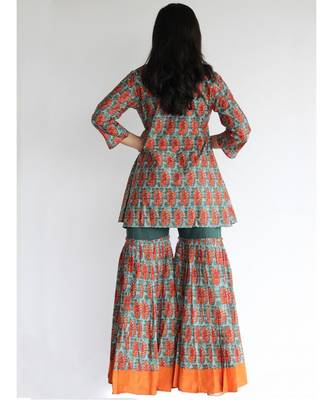 Green Hand Block Printed Cotton Long Top and Sharara Set 4