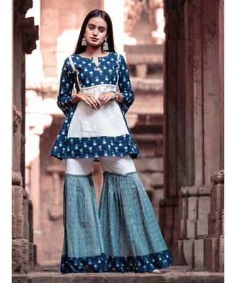 Indigo butti Printes Cotton Kurta and Sharara Set 1