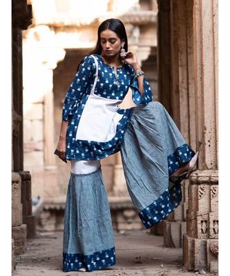 Indigo butti Printes Cotton Kurta and Sharara Set 3