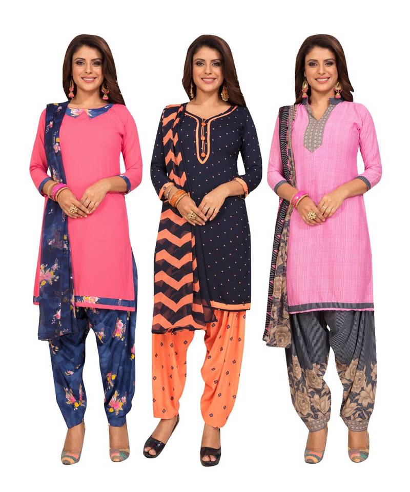 Women's Pack Of 3 Synthetic Printed Unstitched Dress Material Combo