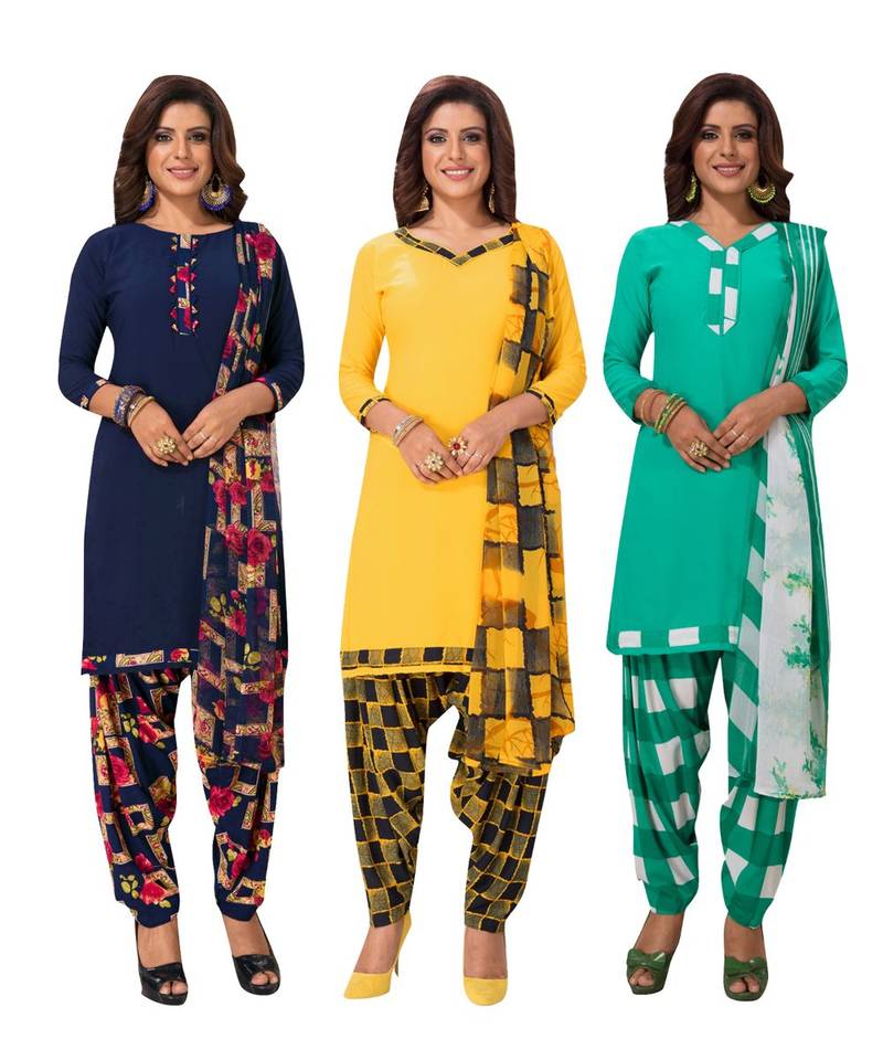 Women's Pack Of 3 Synthetic Printed Unstitched Dress Material Combo
