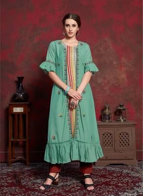 Light-green embroidered silk party-wear-kurtis 1