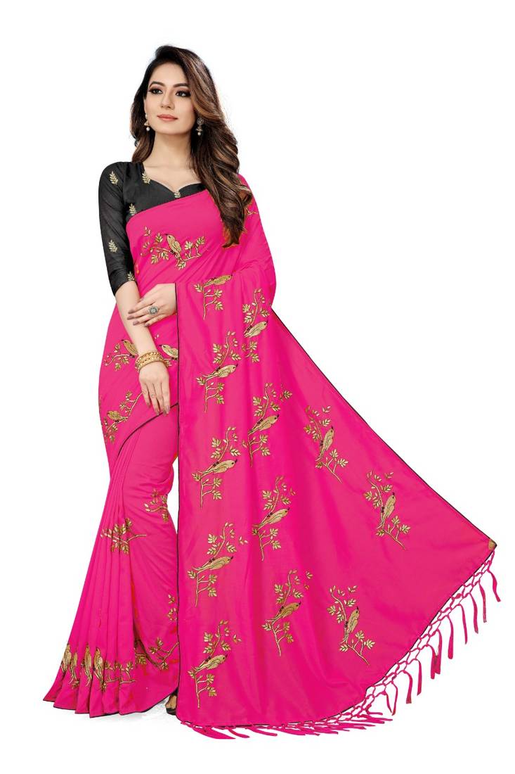 Pink Floral Printed Silk Blend Saree 
With Unstitched Blouse Piece