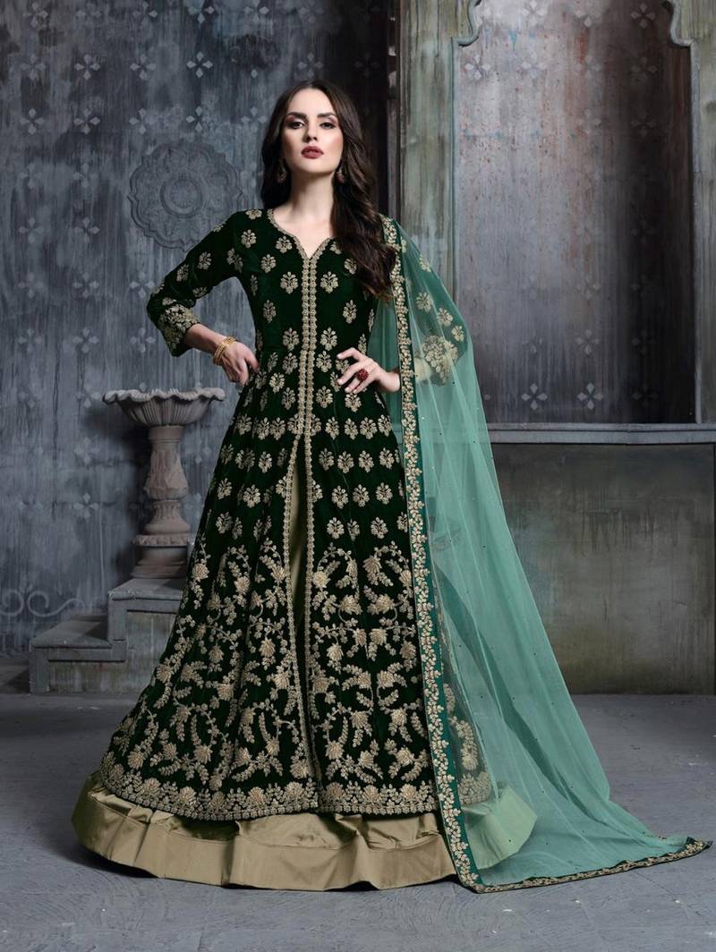 Dark Green Heavy Velvet Designer Wedding Anarkali Suit 