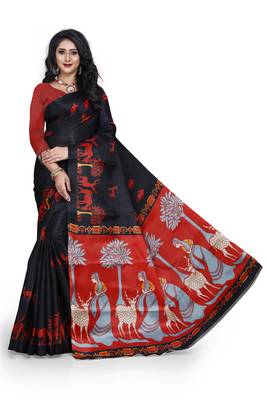 Black printed art silk saree with blouse 1