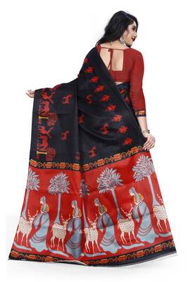 Black printed art silk saree with blouse 2
