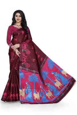 Dark maroon printed art silk saree with blouse 1