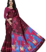 Dark maroon printed art silk saree with blouse