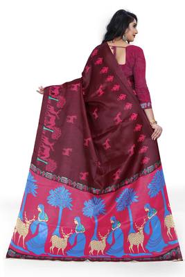 Dark maroon printed art silk saree with blouse 2
