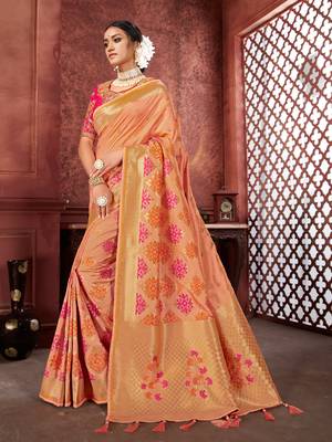 Peach woven banarasi silk saree with blouse 1