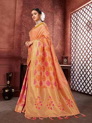 Peach woven banarasi silk saree with blouse 2