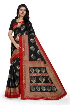 Black printed art silk saree with blouse 1