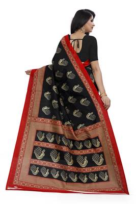 Black printed art silk saree with blouse 2