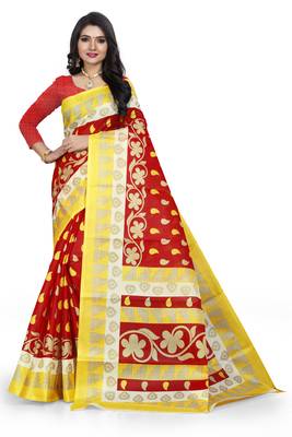 Red printed art silk saree with blouse 1