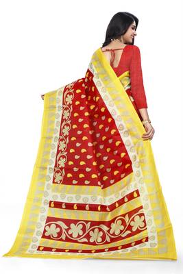 Red printed art silk saree with blouse 2