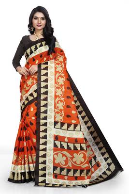 Dark multicolor printed art silk saree with blouse 1