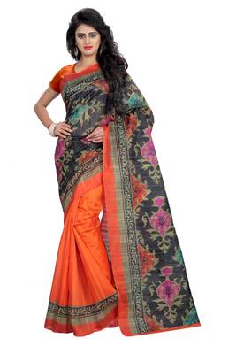 Orange printed art silk saree with blouse 1