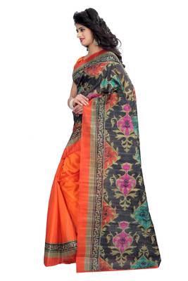 Orange printed art silk saree with blouse 2