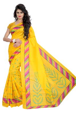 Yellow printed art silk saree with blouse 1