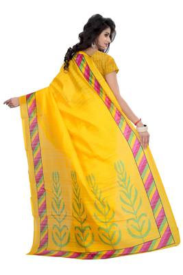Yellow printed art silk saree with blouse 2
