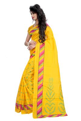 Yellow printed art silk saree with blouse 3