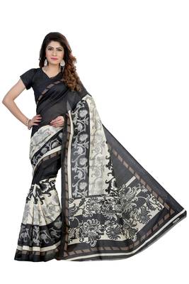 Black printed art silk saree with blouse 1