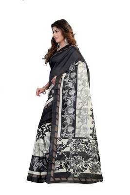 Black printed art silk saree with blouse 3